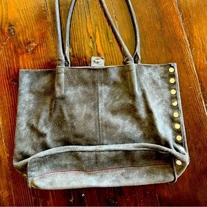 Hammitt Oliver grey suede tote purse with silver grommets.